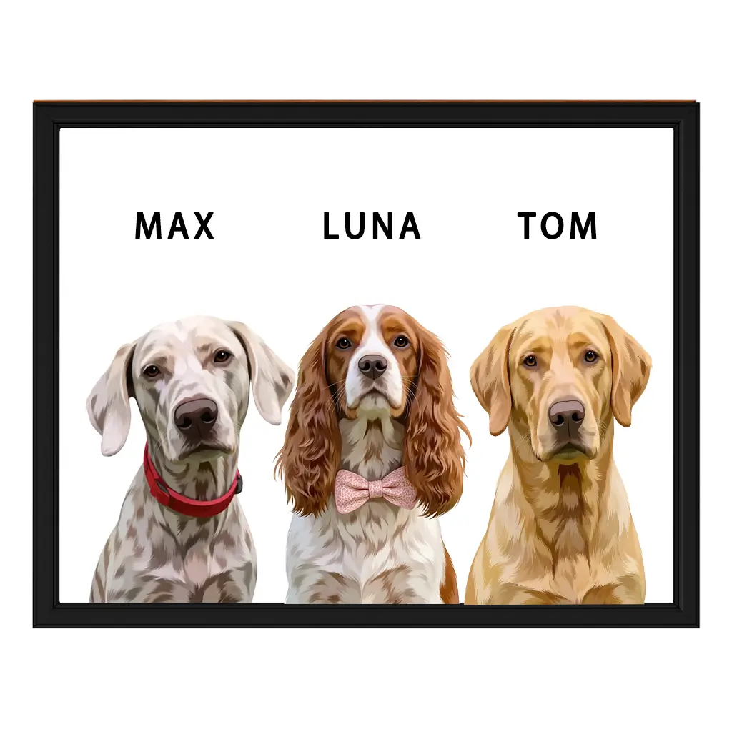 Custom Three Pets Illustration Framed Wall Art with Names by Tailprints