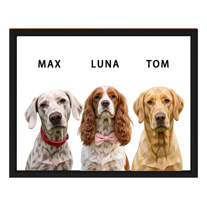 Custom Three Pets Illustration Framed Wall Art with Names by Tailprints