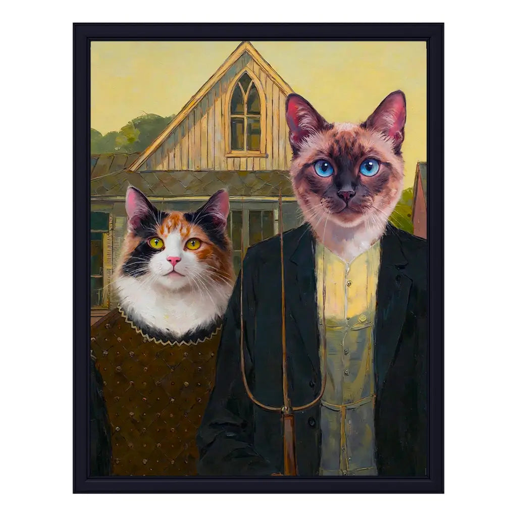 Personalized two cats American Gothic portrait funny pet art gift by Tailprints