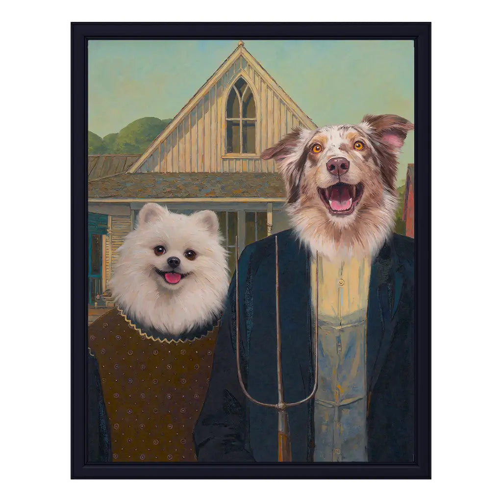 Custom two dogs American Gothic portrait personalized pet wall art by Tailprints