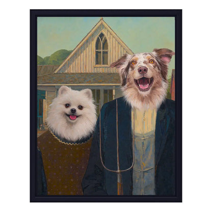 Custom two dogs American Gothic portrait personalized pet wall art by Tailprints