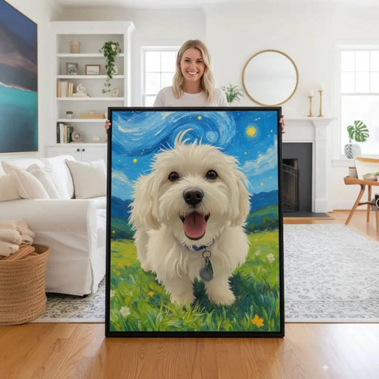 Custom large framed white dog Van Gogh style portrait for home gallery by Tailprints