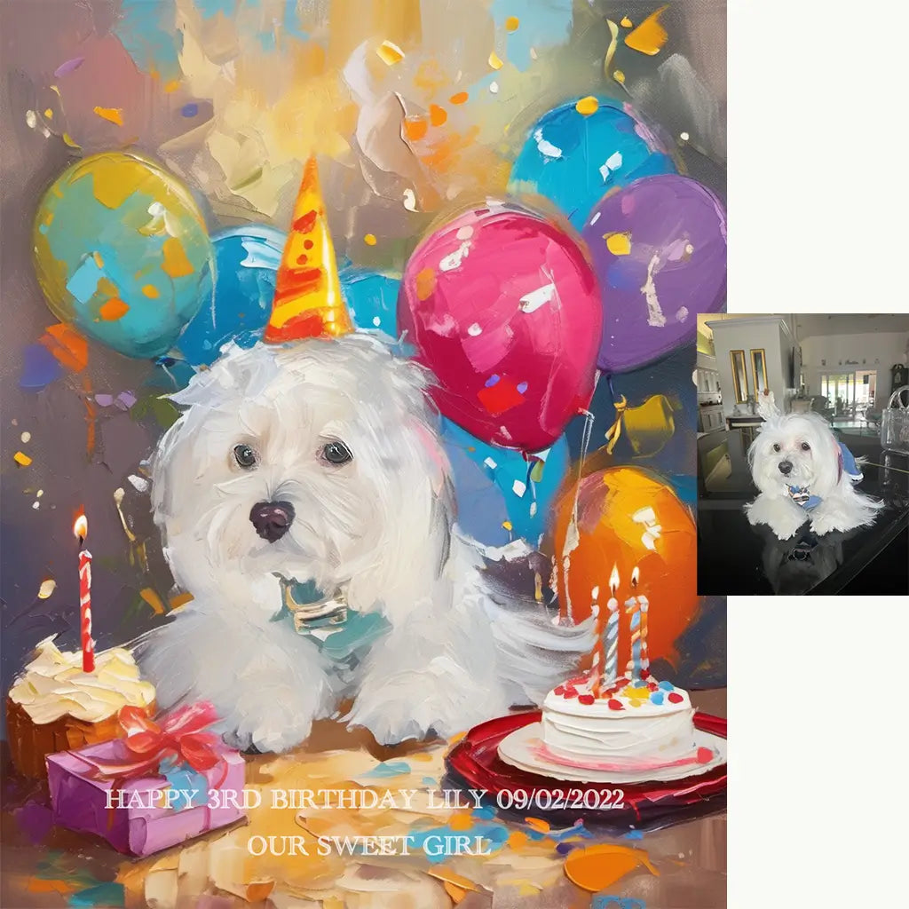 Personalized White Maltese Dog Birthday Portrait with Cake by Tailprints