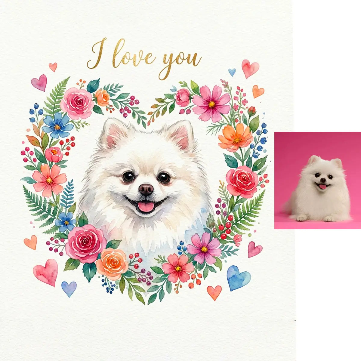 Custom White Pomeranian Floral Watercolor Portrait for Valentine's Day Pet Gift by Tailprints