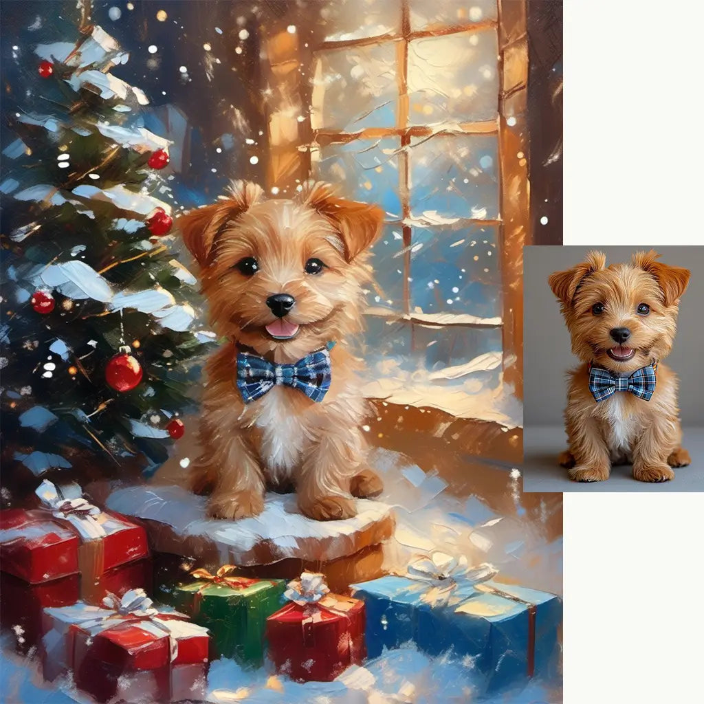 Personalized Yorkie dog Christmas snow scene oil painting pet gift by Tailprints